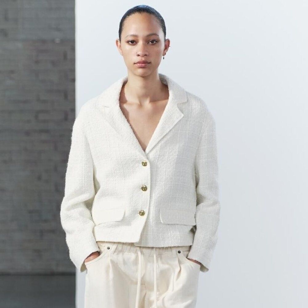 Zara Womens Blazer Jacket Size XS White Tweed Textured Cropped 3262/449 NWT